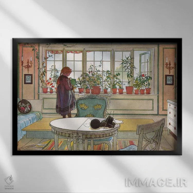 تابلو from 'A Home' series, c.1895,گلها بر روی طاقچه پنجره، از مجموعه "خانه"، حدود ۱۸۹۵ اثر کارل لارسون (نقاش و تصویرگر سوئدی) - نمای قابدار مشکی