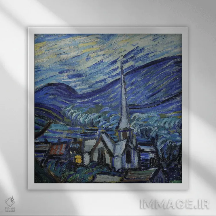 تابلو June 1889,شب پرستاره، ژوئن ۱۸۸۹ اثر ونسان ون گوگ (نقاش مشهور هلندی پستامپرسیونیسم) - نمای قابدار سفید