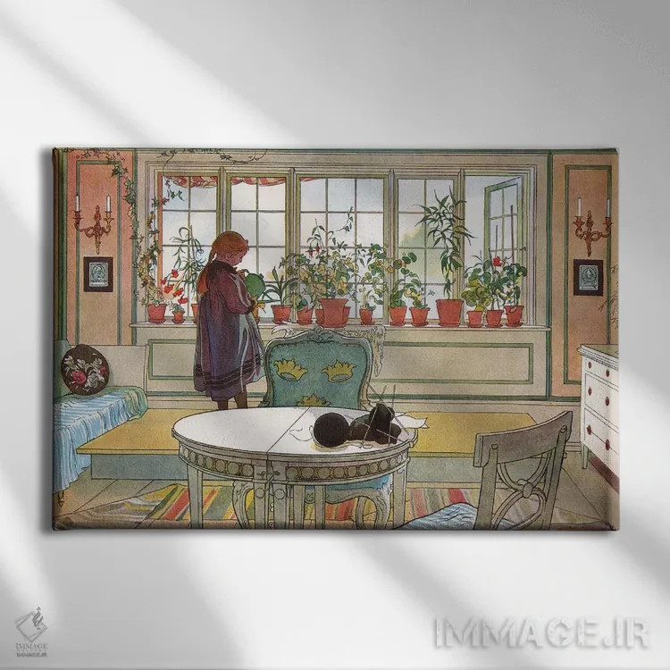 تابلو from 'A Home' series, c.1895,گلها بر روی طاقچه پنجره، از مجموعه "خانه"، حدود ۱۸۹۵ اثر کارل لارسون (نقاش و تصویرگر سوئدی) - نمای روبهرو روی دیوار