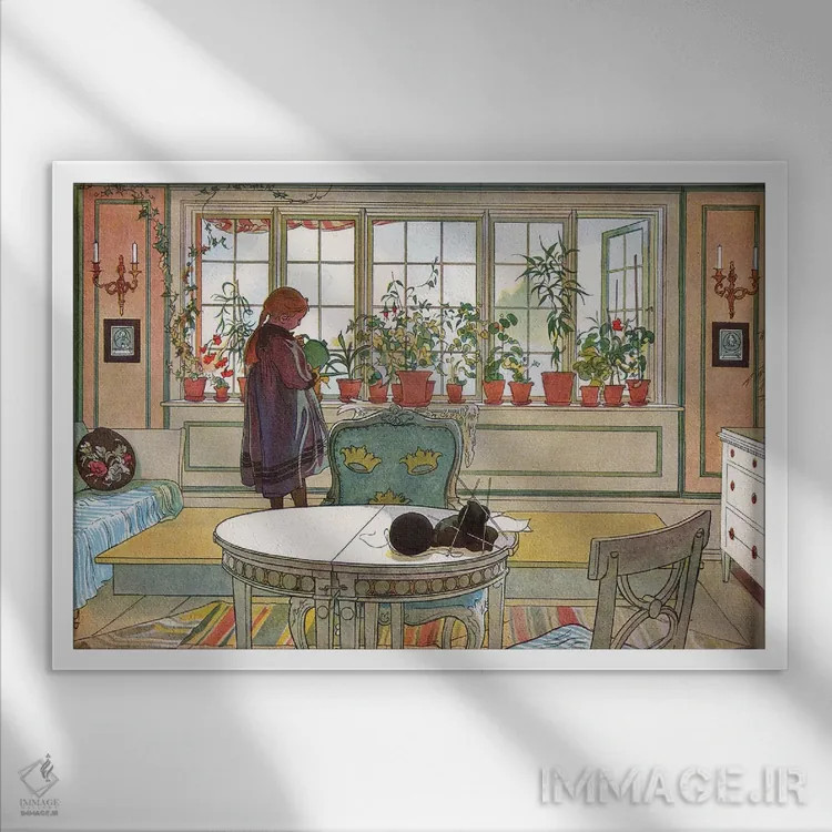 تابلو from 'A Home' series, c.1895,گلها بر روی طاقچه پنجره، از مجموعه "خانه"، حدود ۱۸۹۵ اثر کارل لارسون (نقاش و تصویرگر سوئدی) - نمای قابدار سفید