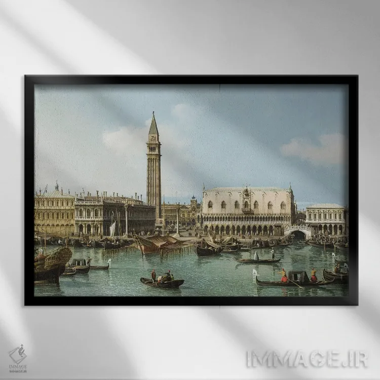 تابلو Venice, c.1747-1750,اسکلهٔ مولو از حوضچه سن مارکو، ونیز، حدود ۱۷۴۷–۱۷۵۰ اثر کانالتو (نقاش ایتالیایی ونیزی منظره) - نمای قابدار مشکی