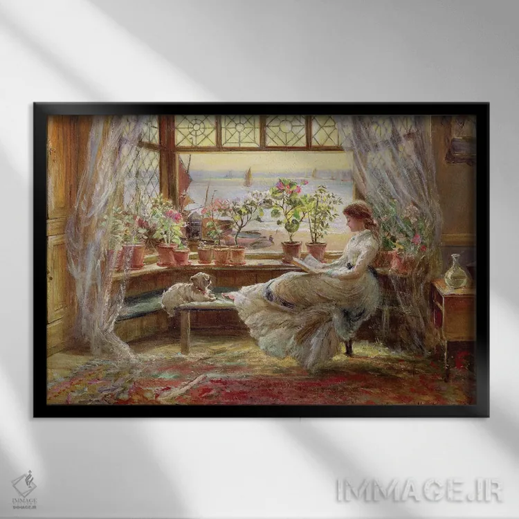 تابلو Hastings,مطالعه کنار پنجره، هیستینگز اثر چارلز جیمز لوئیس - نمای قابدار مشکی