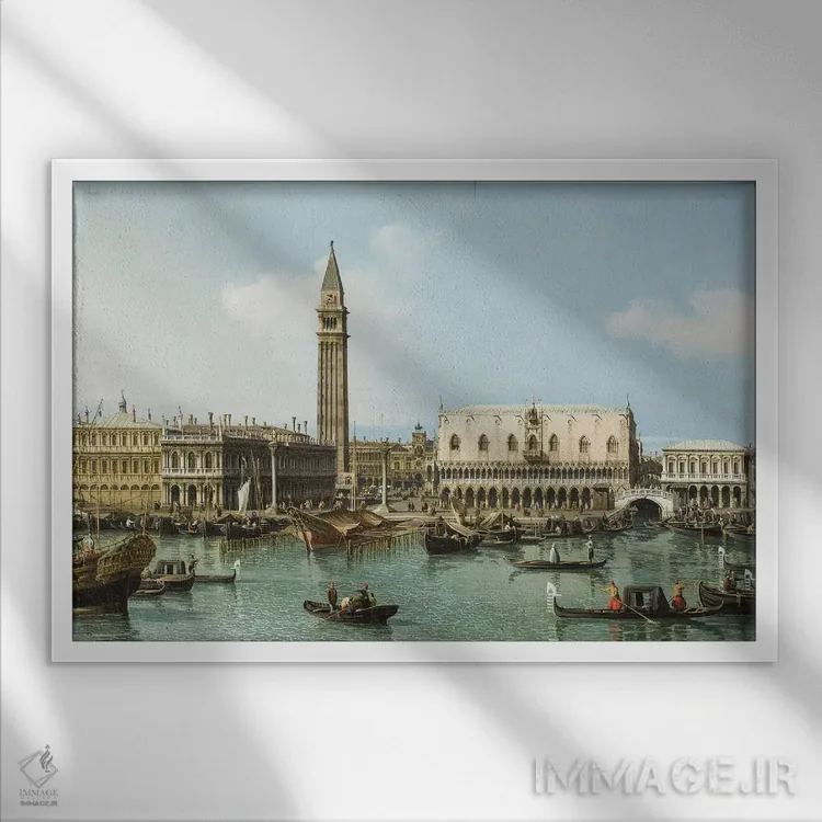 تابلو Venice, c.1747-1750,اسکلهٔ مولو از حوضچه سن مارکو، ونیز، حدود ۱۷۴۷–۱۷۵۰ اثر کانالتو (نقاش ایتالیایی ونیزی منظره) - نمای قابدار سفید
