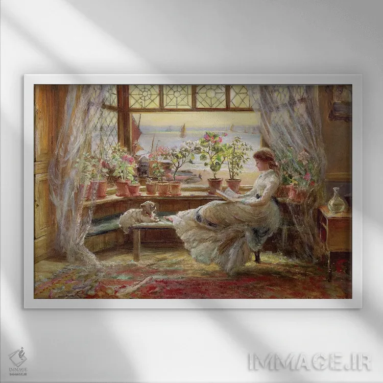 تابلو Hastings,مطالعه کنار پنجره، هیستینگز اثر چارلز جیمز لوئیس - نمای قابدار سفید