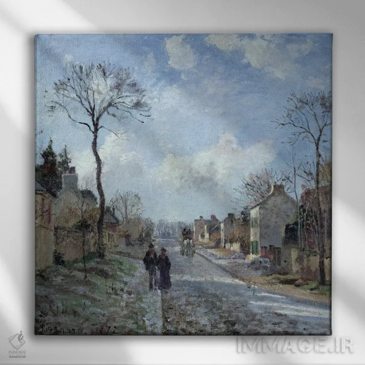 تابلو 1872,جاده به لووسین، ۱۸۷۲ اثر کامی یِل پیسارو (نقاش فرانسوی امپرسیونیست) - نمای روبهرو روی دیوار
