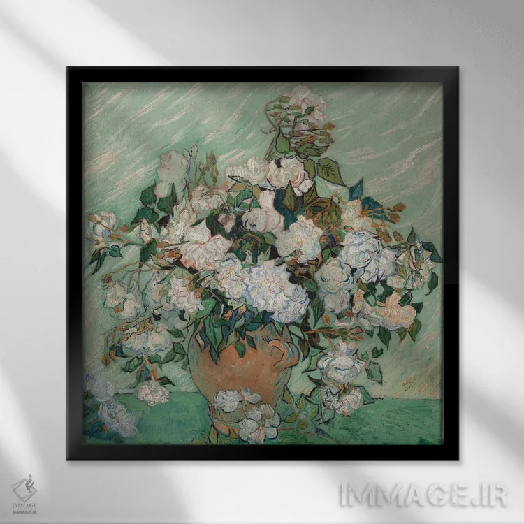 تابلو 1890,رزها، ۱۸۹۰ اثر ونسان ون گوگ (نقاش مشهور هلندی پستامپرسیونیسم) - نمای قابدار مشکی