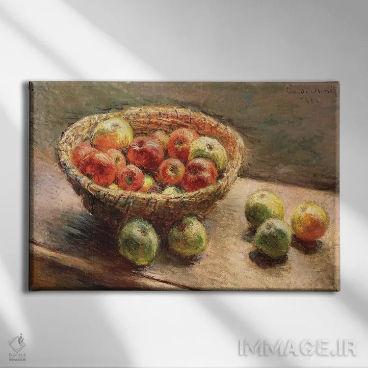 تابلو 1880,کاسهای از سیب؛ لو پانیه دو پوم، ۱۸۸۰ اثر کلود مونه (نقاش معروف فرانسوی) - نمای روبهرو روی دیوار