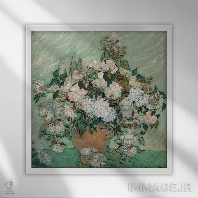 تابلو 1890,رزها، ۱۸۹۰ اثر ونسان ون گوگ (نقاش مشهور هلندی پستامپرسیونیسم) - نمای قابدار سفید