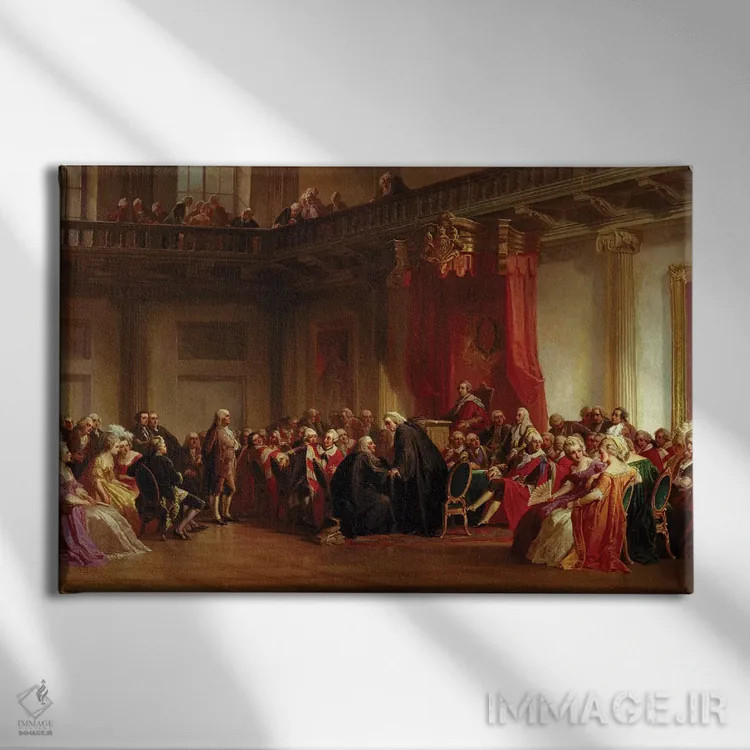 تابلو بنجامین فرانکلین در حضور شورای خصوصی اثر کریستین شوسله - نمای روبهرو روی دیوار