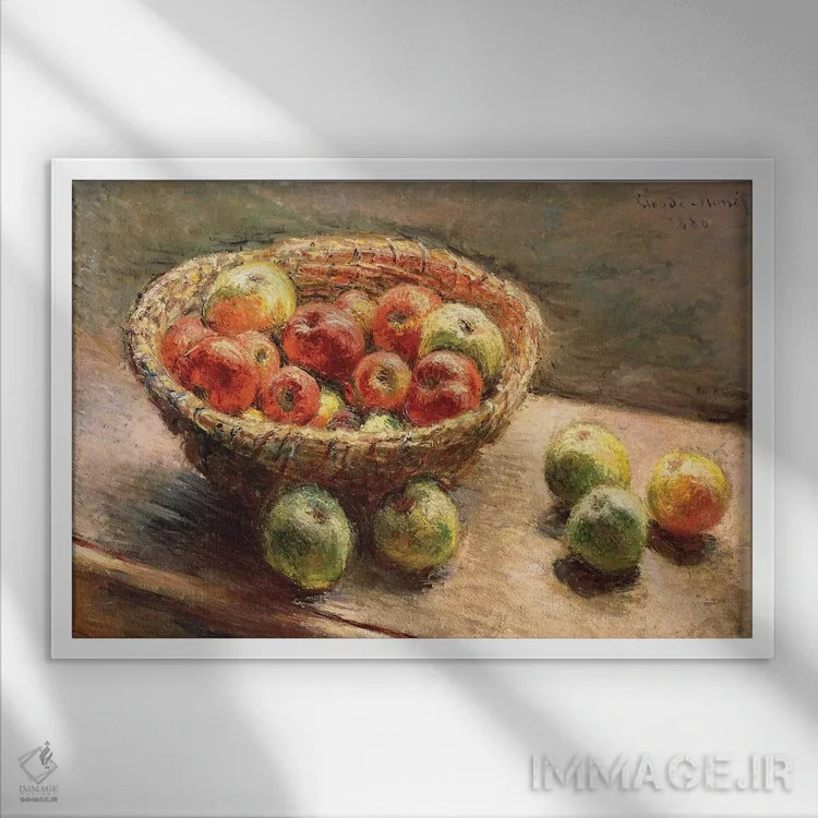 تابلو 1880,کاسهای از سیب؛ لو پانیه دو پوم، ۱۸۸۰ اثر کلود مونه (نقاش معروف فرانسوی) - نمای قابدار سفید