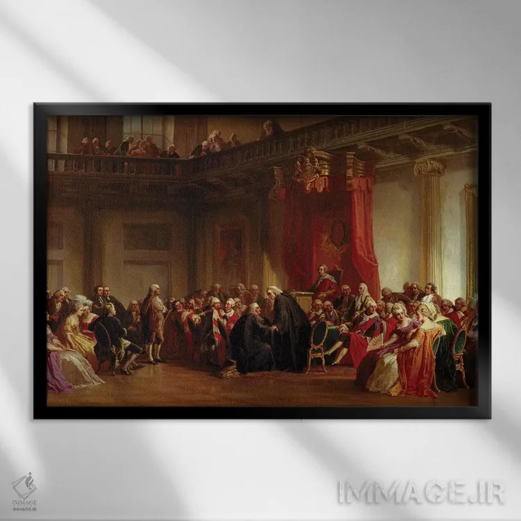 تابلو بنجامین فرانکلین در حضور شورای خصوصی اثر کریستین شوسله - نمای قابدار مشکی