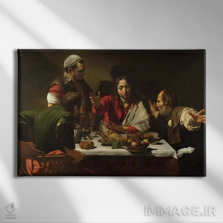 تابلو 1601,شام در عمواس، ۱۶۰۱ (نقاشی معنویتی) اثر میکلآنژو مریزی دا کاراواجو (کاراواجو؛ نقاش بزرگ ایتالیایی) - نمای روبهرو روی دیوار