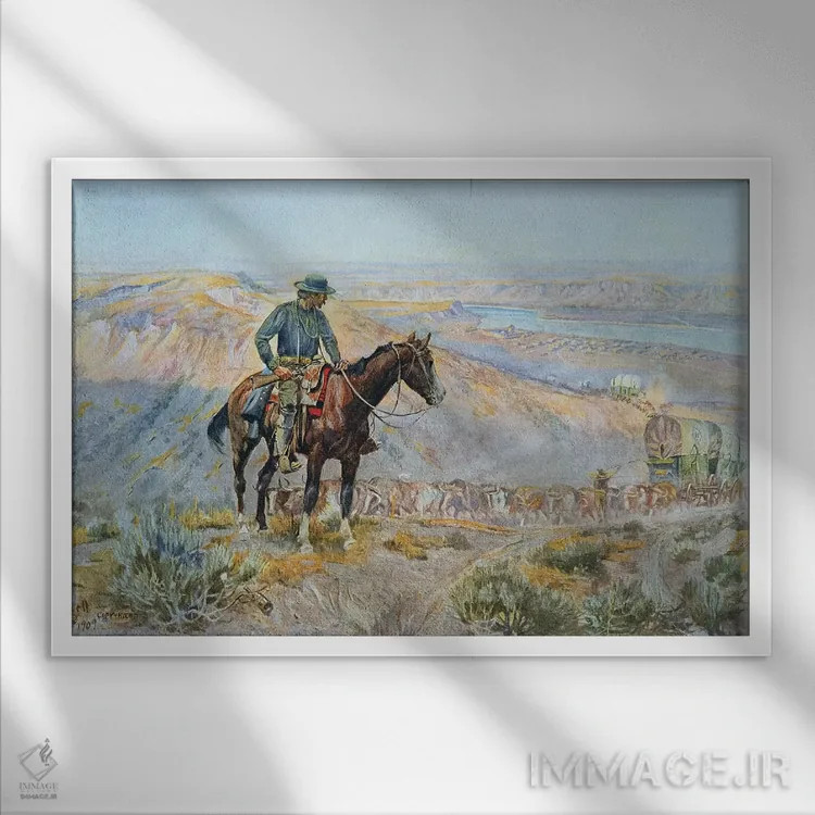 تابلو رئیس واگن اثر چارلز ماریون راسل (نقاش و مجسمهساز وسترن آمریکا) - نمای قابدار سفید