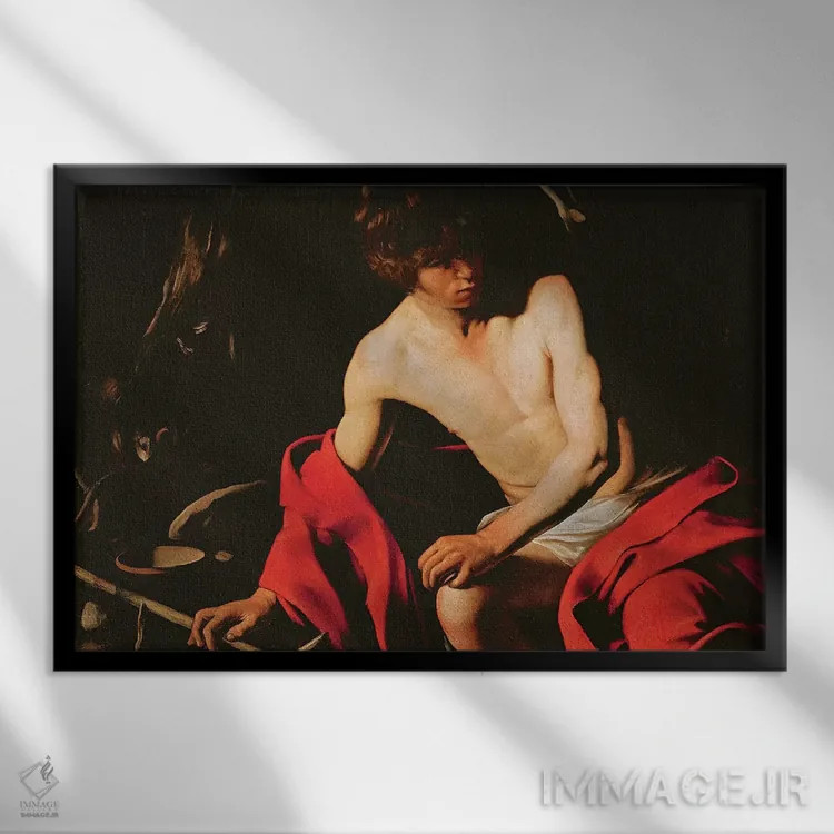 تابلو c.1604-1606,سن جان تعمیددهنده، حدود ۱۶۰۴-۱۶۰۶ (نقاشی معنویتی) اثر میکلآنژو مریزی دا کاراواجو (کاراواجو؛ نقاش بزرگ ایتالیایی) - نمای قابدار مشکی