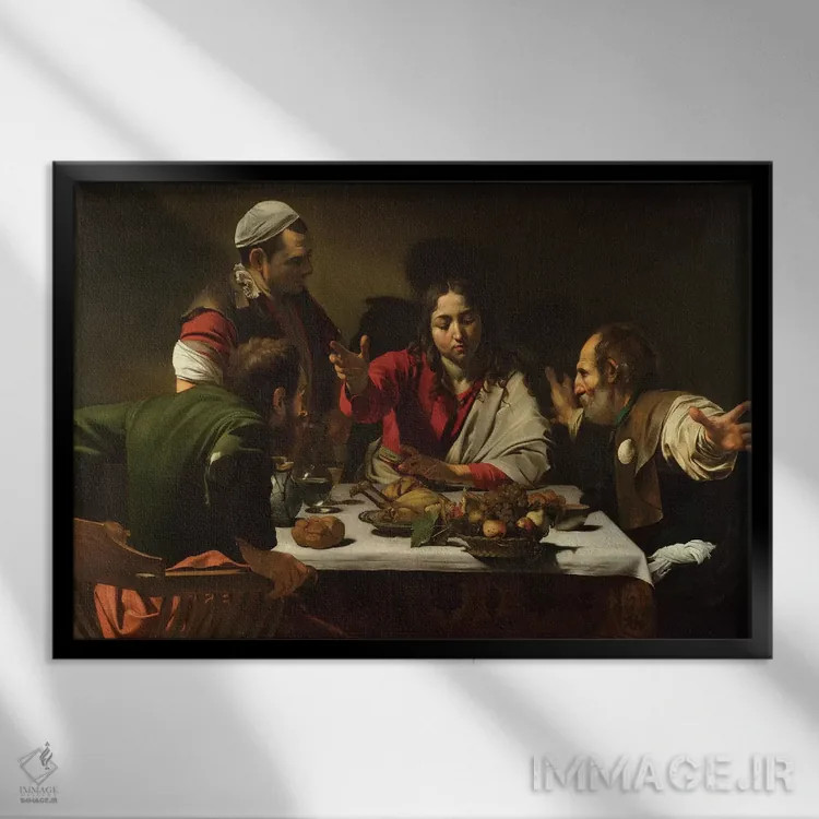 تابلو 1601,شام در عمواس، ۱۶۰۱ (نقاشی معنویتی) اثر میکلآنژو مریزی دا کاراواجو (کاراواجو؛ نقاش بزرگ ایتالیایی) - نمای قابدار مشکی