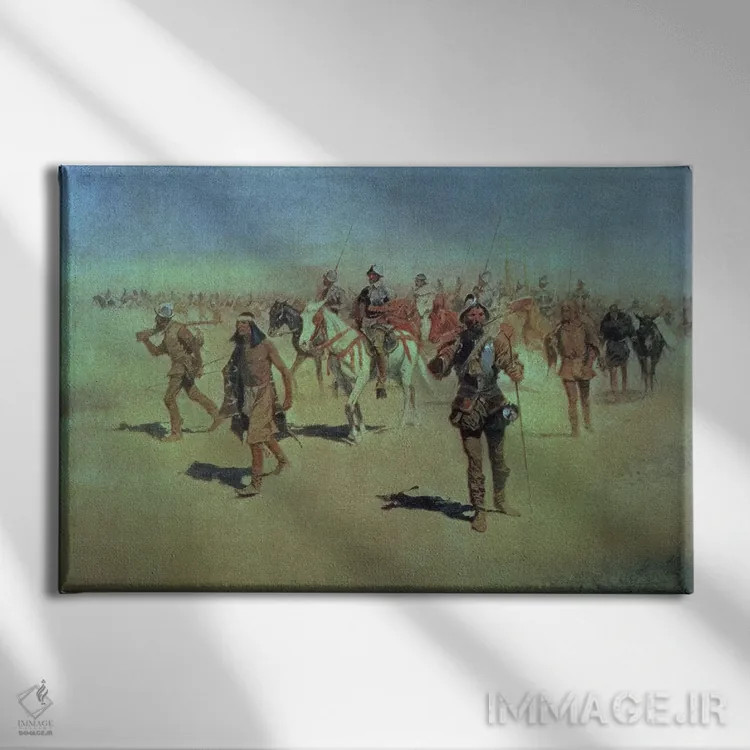 تابلو 1905,فرانسیسکو واسکز د کروناادو در حال عبور از نیومکزیکو، ۱۹۰۵ اثر فردریک رمینگتون (هنرمند آمریکایی غرب) - نمای روبهرو روی دیوار