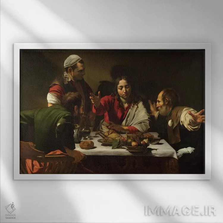 تابلو 1601,شام در عمواس، ۱۶۰۱ (نقاشی معنویتی) اثر میکلآنژو مریزی دا کاراواجو (کاراواجو؛ نقاش بزرگ ایتالیایی) - نمای قابدار سفید