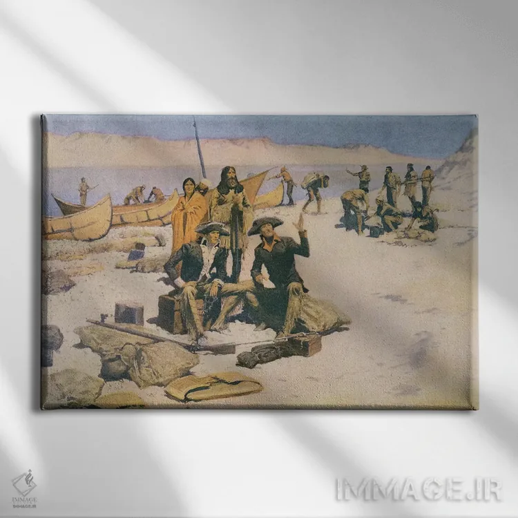 تابلو 1805, from 'Collier's Magazine', May 12th 1906,لوییس و کلارک در دهانه رودخانه کلمبیا، ۱۸۰۵ (از مجله 'کالییرز'، ۱۲ مه ۱۹۰۶) اثر فردریک رمینگتون (هنرمند آمریکایی غرب) - نمای روبهرو روی دیوار