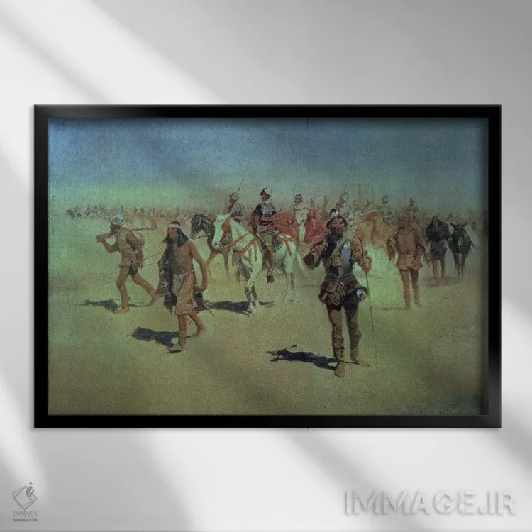 تابلو 1905,فرانسیسکو واسکز د کروناادو در حال عبور از نیومکزیکو، ۱۹۰۵ اثر فردریک رمینگتون (هنرمند آمریکایی غرب) - نمای قابدار مشکی