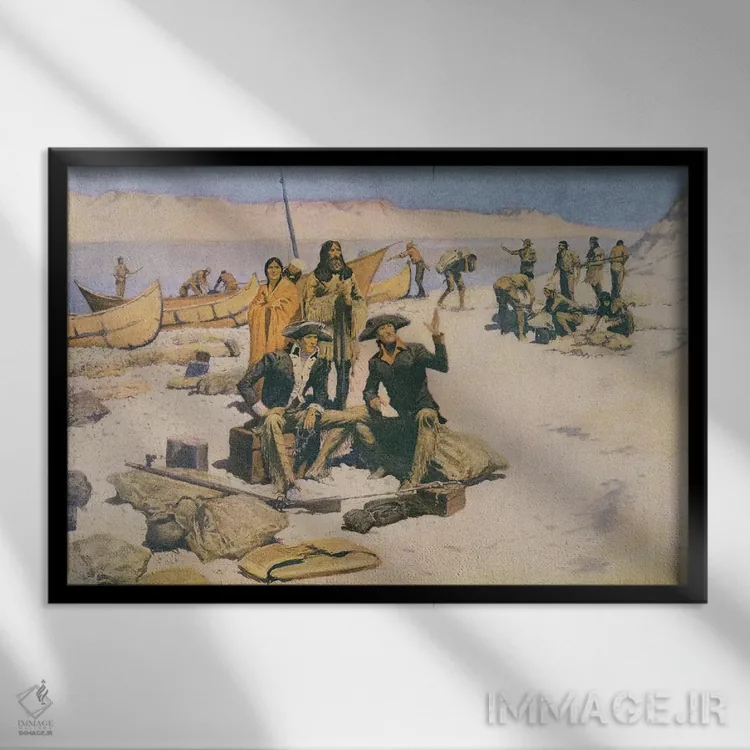 تابلو 1805, from 'Collier's Magazine', May 12th 1906,لوییس و کلارک در دهانه رودخانه کلمبیا، ۱۸۰۵ (از مجله 'کالییرز'، ۱۲ مه ۱۹۰۶) اثر فردریک رمینگتون (هنرمند آمریکایی غرب) - نمای قابدار مشکی