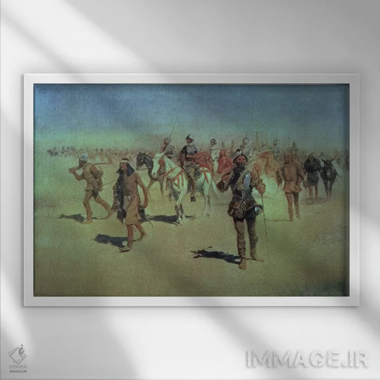 تابلو 1905,فرانسیسکو واسکز د کروناادو در حال عبور از نیومکزیکو، ۱۹۰۵ اثر فردریک رمینگتون (هنرمند آمریکایی غرب) - نمای قابدار سفید