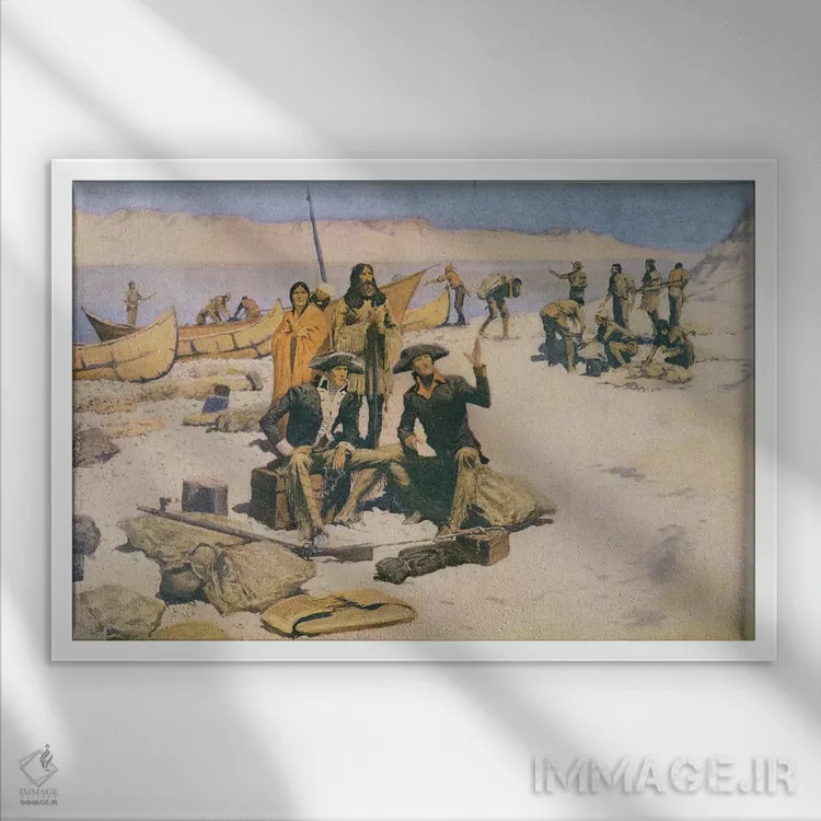 تابلو 1805, from 'Collier's Magazine', May 12th 1906,لوییس و کلارک در دهانه رودخانه کلمبیا، ۱۸۰۵ (از مجله 'کالییرز'، ۱۲ مه ۱۹۰۶) اثر فردریک رمینگتون (هنرمند آمریکایی غرب) - نمای قابدار سفید