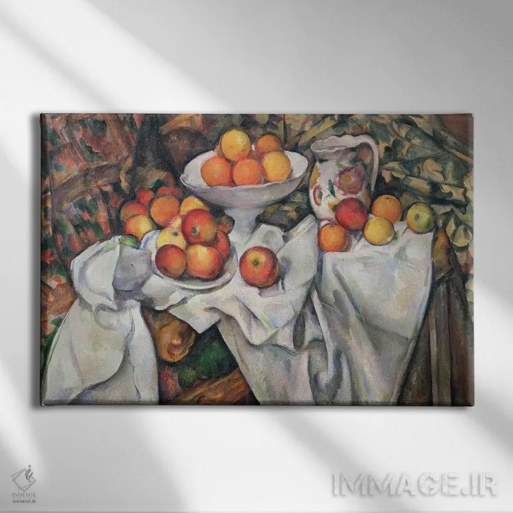 تابلو 1895-1900,سیب و پرتقال، ۱۸۹۵-۱۹۰۰ اثر پل سزان - نمای روبهرو روی دیوار