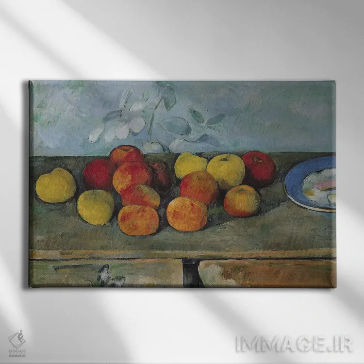 تابلو 1880-82,طبیعت بیجان سیب و بیسکوییت، ۱۸۸۰-۸۲ اثر پل سزان - نمای روبهرو روی دیوار