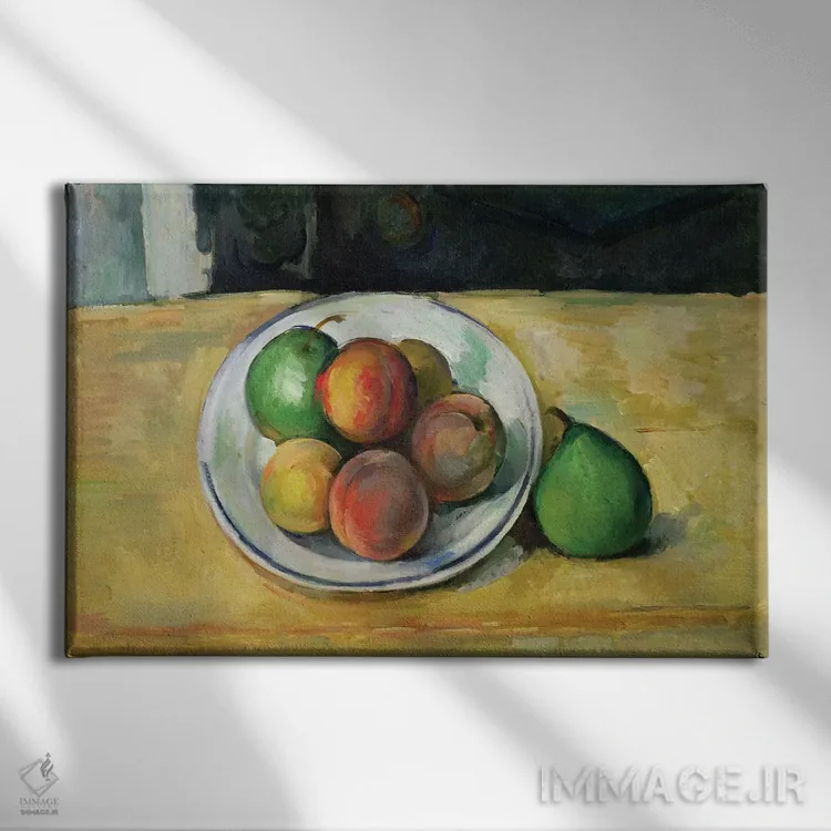 تابلو c. 1883-87,طبیعت بیجان با یک هلو و دو گلابی سبز، حدود ۱۸۸۳-۸۷ اثر پل سزان - نمای روبهرو روی دیوار