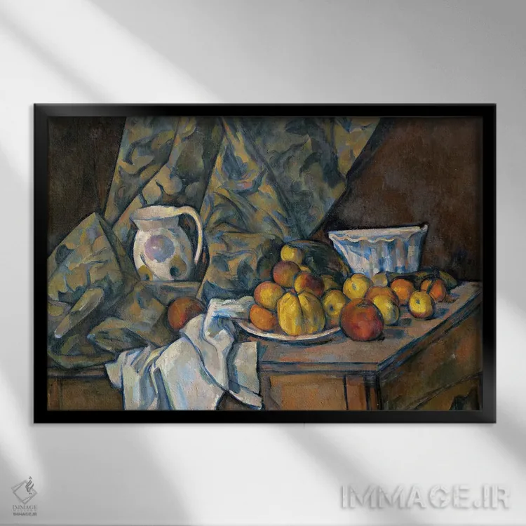 تابلو c.1905,طبیعت بیجان با سیب و هلو، حدود ۱۹۰۵ اثر پل سزان - نمای قابدار مشکی