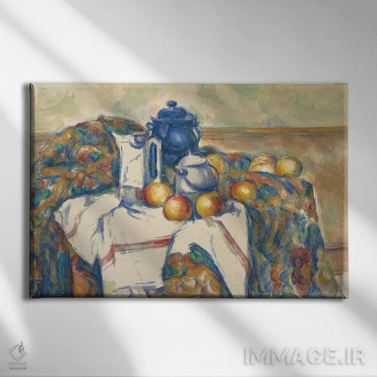 تابلو c.1900,طبیعت بیجان با ظرف آبی، حدود ۱۹۰۰ اثر پل سزان - نمای روبهرو روی دیوار