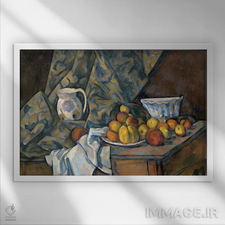 تابلو c.1905,طبیعت بیجان با سیب و هلو، حدود ۱۹۰۵ اثر پل سزان - نمای قابدار سفید