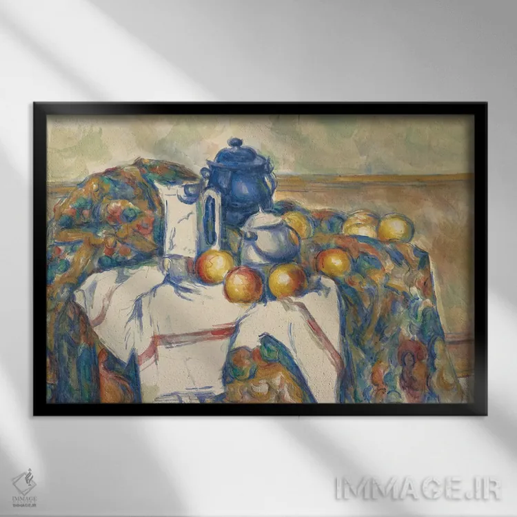 تابلو c.1900,طبیعت بیجان با ظرف آبی، حدود ۱۹۰۰ اثر پل سزان - نمای قابدار مشکی