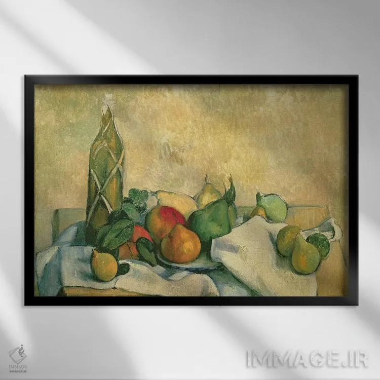 تابلو 1888-90,طبیعت بیجان با بطری لیکور، ۱۸۸۸-۹۰ اثر پل سزان - نمای قابدار مشکی