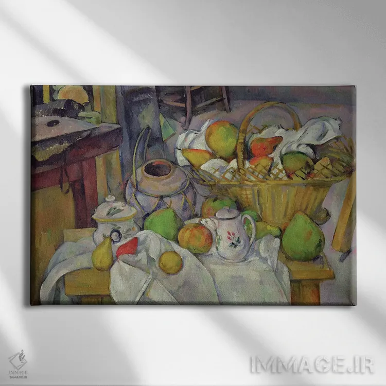 تابلو 1888-90,طبیعت بیجان با سبد، ۱۸۸۸-۹۰ اثر پل سزان - نمای روبهرو روی دیوار