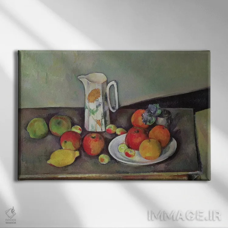 تابلو c.1886-90,طبیعت بیجان با پارچ شیر و میوه، حدود ۱۸۸۶-۹۰ اثر پل سزان - نمای روبهرو روی دیوار