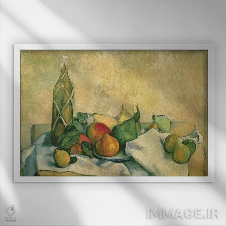 تابلو 1888-90,طبیعت بیجان با بطری لیکور، ۱۸۸۸-۹۰ اثر پل سزان - نمای قابدار سفید