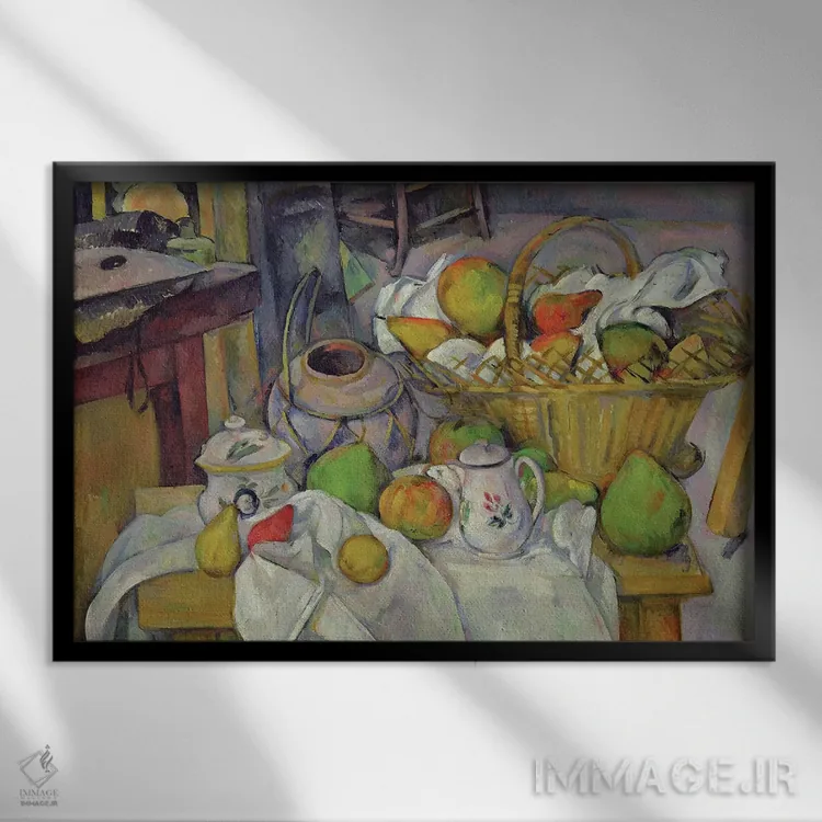 تابلو 1888-90,طبیعت بیجان با سبد، ۱۸۸۸-۹۰ اثر پل سزان - نمای قابدار مشکی