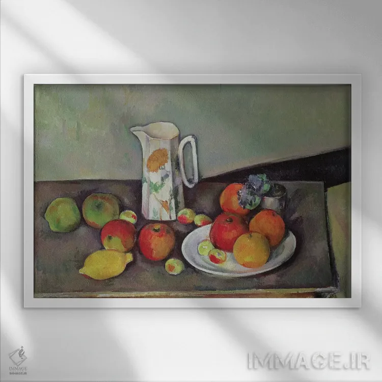 تابلو c.1886-90,طبیعت بیجان با پارچ شیر و میوه، حدود ۱۸۸۶-۹۰ اثر پل سزان - نمای قابدار سفید