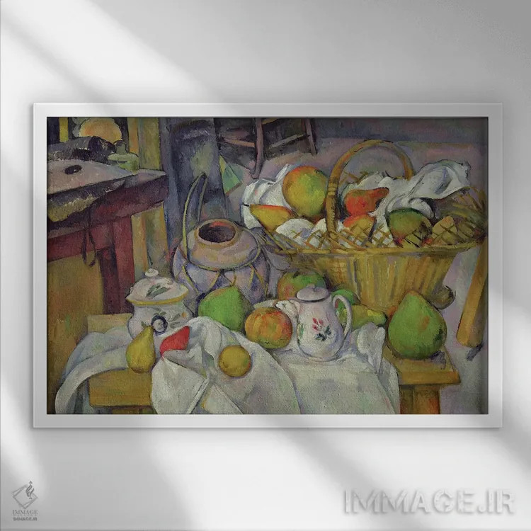 تابلو 1888-90,طبیعت بیجان با سبد، ۱۸۸۸-۹۰ اثر پل سزان - نمای قابدار سفید