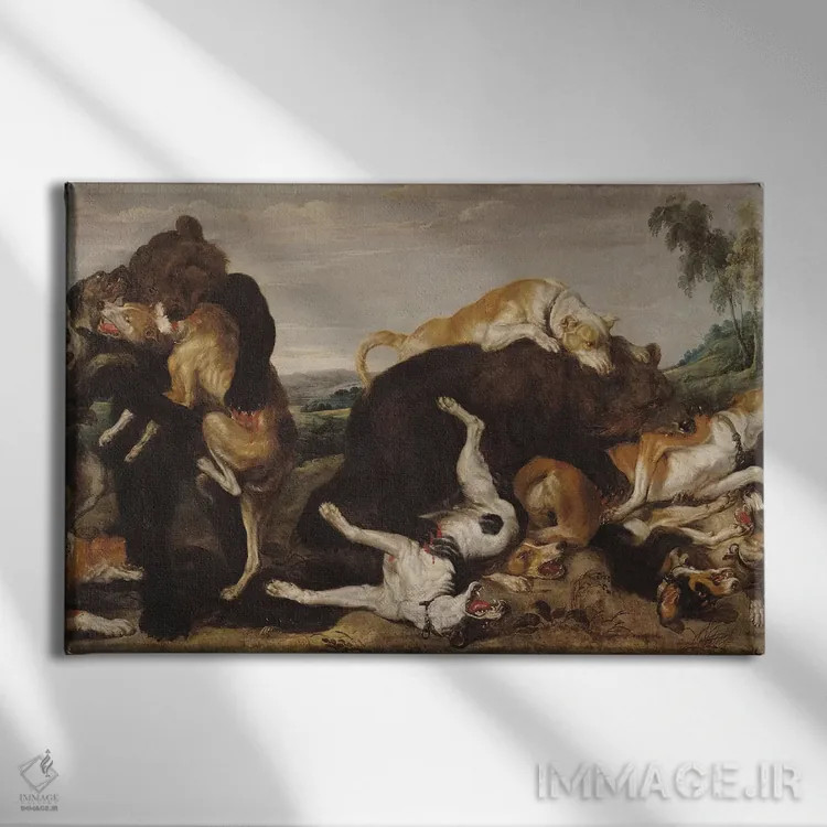 تابلو Battle Between Dogs and Bears,شکار خرس یا نبرد میان سگها و خرسها اثر پل د ووس - نمای روبهرو روی دیوار