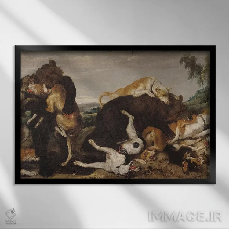 تابلو Battle Between Dogs and Bears,شکار خرس یا نبرد میان سگها و خرسها اثر پل د ووس - نمای قابدار مشکی