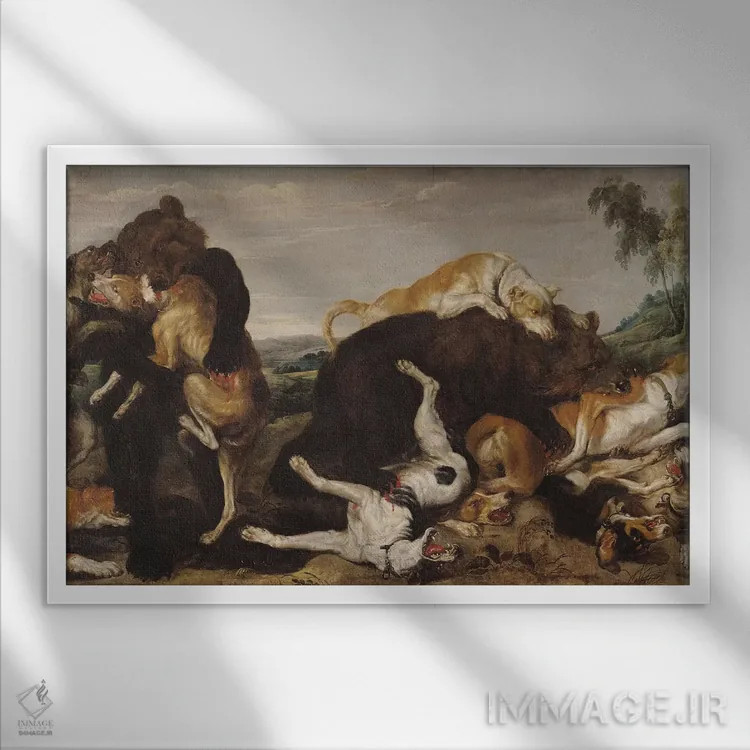 تابلو Battle Between Dogs and Bears,شکار خرس یا نبرد میان سگها و خرسها اثر پل د ووس - نمای قابدار سفید