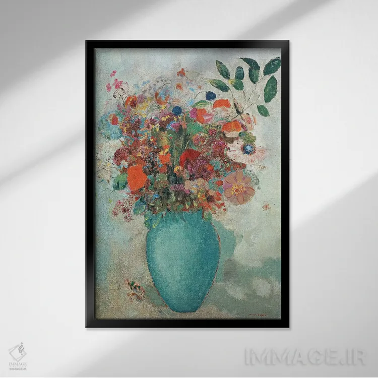 تابلو c.1912,گلها در گلدان فیروزهای، حدود ۱۹۱۲ اثر اودیلو ردون - نمای قابدار مشکی