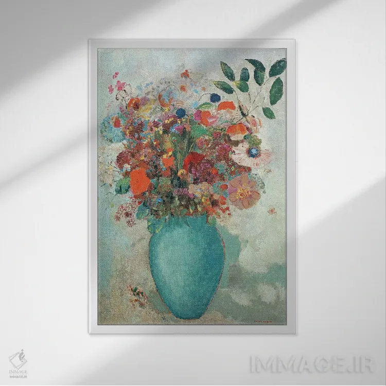 تابلو c.1912,گلها در گلدان فیروزهای، حدود ۱۹۱۲ اثر اودیلو ردون - نمای قابدار سفید