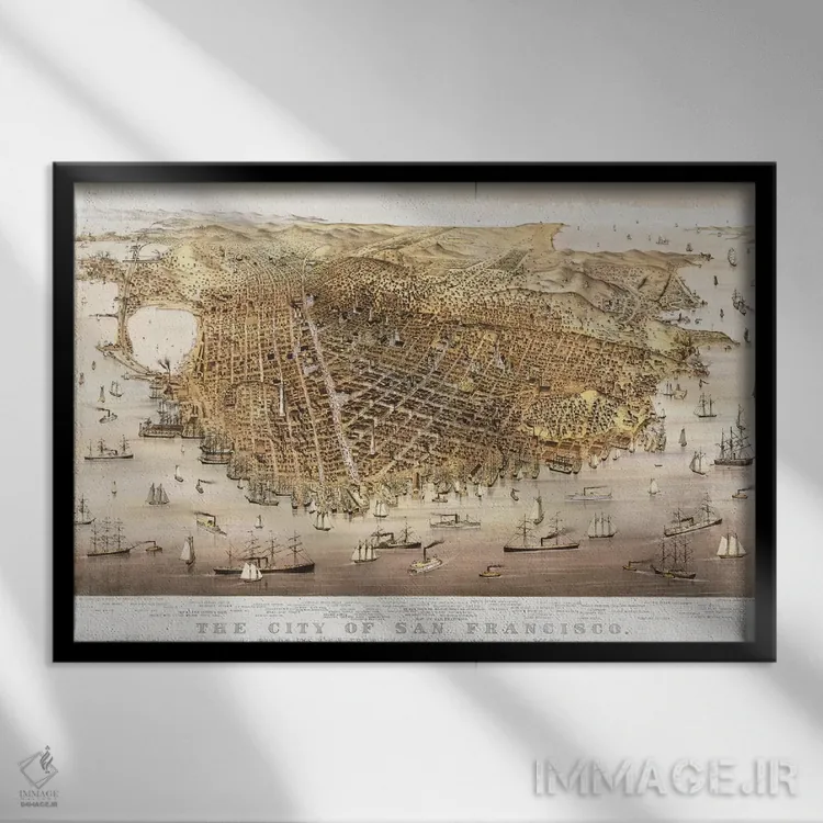 تابلو birds-eye view from the Bay looking south-west,شهر سانفرانسیسکو، نمای هوایی از خلیج به سمت جنوبغرب اثر چارلز پارسونز - نمای قابدار مشکی