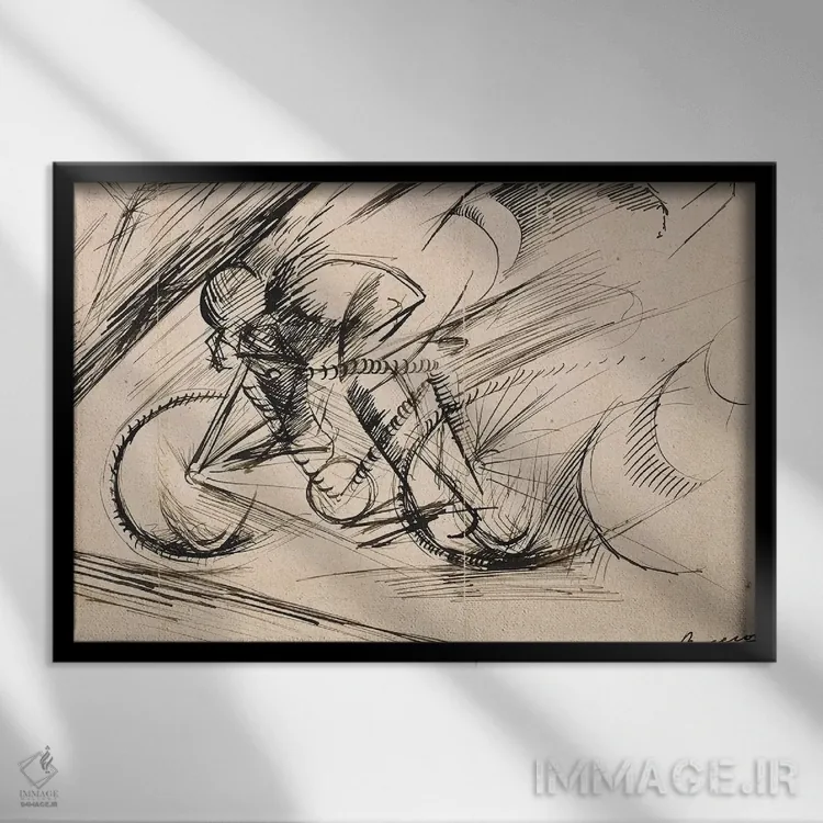 تابلو 1913,پویایی یک دوچرخهسوار، ۱۹۱۳ اثر اومبرتو بوچیونی (مجسمهساز و نقاش فوتوریست ایتالیایی) - نمای قابدار مشکی