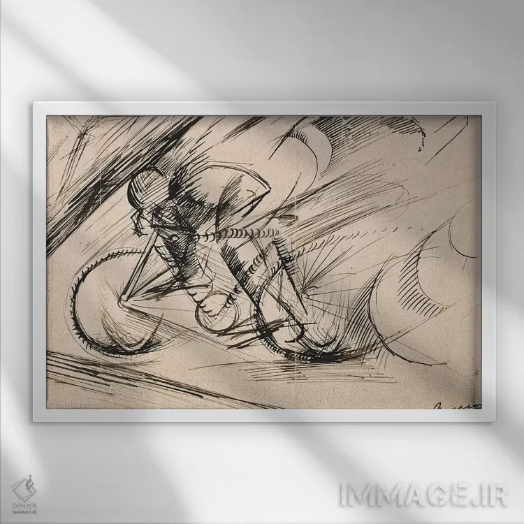 تابلو 1913,پویایی یک دوچرخهسوار، ۱۹۱۳ اثر اومبرتو بوچیونی (مجسمهساز و نقاش فوتوریست ایتالیایی) - نمای قابدار سفید