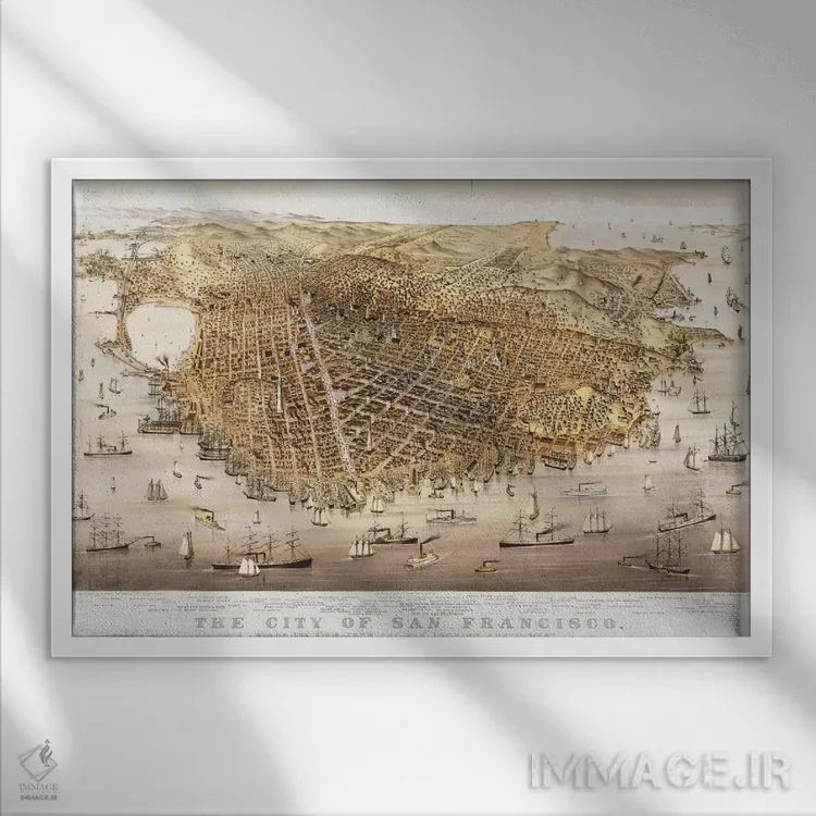 تابلو birds-eye view from the Bay looking south-west,شهر سانفرانسیسکو، نمای هوایی از خلیج به سمت جنوبغرب اثر چارلز پارسونز - نمای قابدار سفید