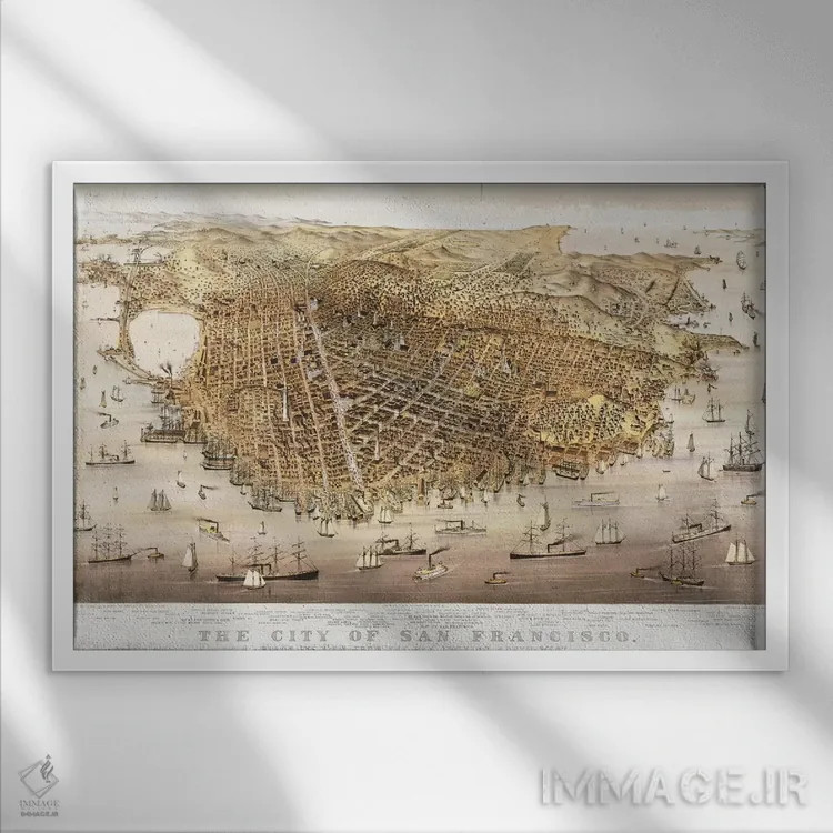 تابلو birds-eye view from the Bay looking south-west,شهر سانفرانسیسکو، نمای هوایی از خلیج به سمت جنوبغرب اثر چارلز پارسونز - نمای قابدار سفید